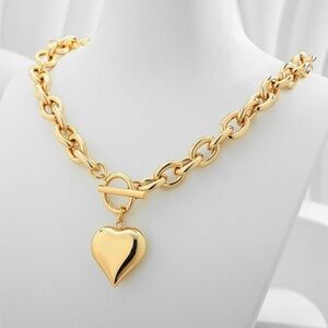 18K Gold Puff Heart Necklace Chunky Paperclip Chain Toggle Choker Shiny 20” Lux